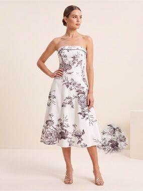 Teeze Me Strapless Floral A-Line Dress in Cream and Brown
